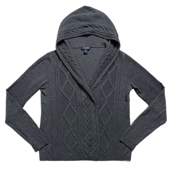MaxMara Sweaters - MaxMara Grey Cable Knit Cashmere Hooded Cardigan Sweater L